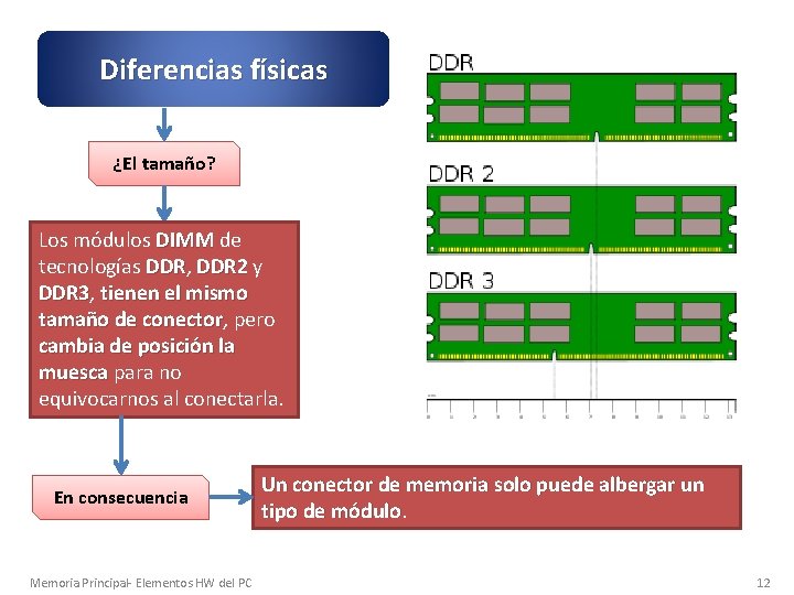 Diferencias físicas ¿El tamaño? Los módulos DIMM de tecnologías DDR, DDR 2 y DDR