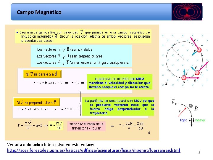 Campo Magnético Ver una animación interactiva en este enlace: http: //acer. forestales. upm. es/basicas/udfisica/asignaturas/fisica/magnet/fuerzamag.