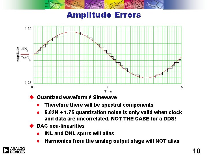 Amplitude Errors u Quantized waveform ≠ Sinewave l Therefore there will be spectral components Amplitude Errors u Quantized waveform ≠ Sinewave l Therefore there will be spectral components
