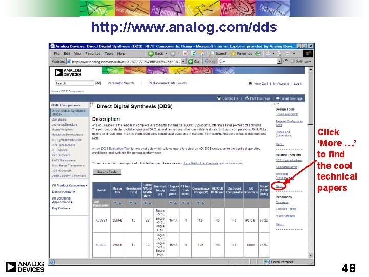 http: //www. analog. com/dds Click ‘More …’ to find the cool technical papers 48 http: //www. analog. com/dds Click ‘More …’ to find the cool technical papers 48