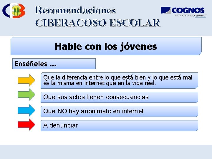 Recomendaciones CIBERACOSO ESCOLAR Hable con los jóvenes Enséñeles …. Que la diferencia entre lo Recomendaciones CIBERACOSO ESCOLAR Hable con los jóvenes Enséñeles …. Que la diferencia entre lo