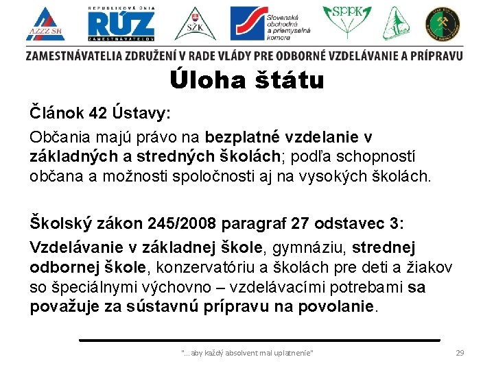 Úloha štátu Článok 42 Ústavy: Občania majú právo na bezplatné vzdelanie v základných a