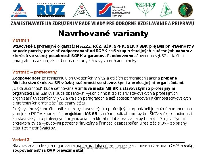 Navrhované varianty Variant 1 Stavovské a profesijné organizácie AZZZ, RÚZ, SŽK, SPPK, SLK a
