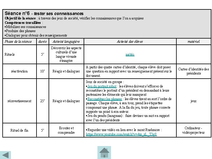 Séance n° 6 – tester ses connaissances Objectif de la séance : à travers