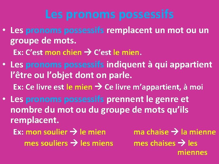 Les pronoms possessifs • Les pronoms possessifs remplacent un mot ou un groupe de