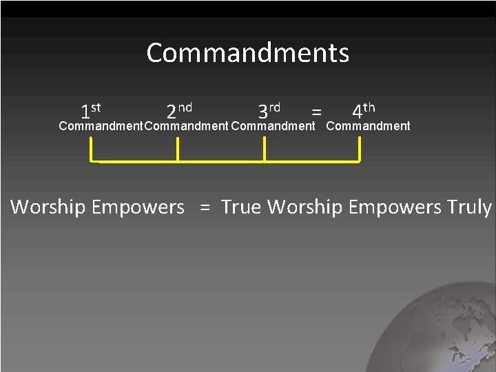 Commandments 1 st 2 nd 3 rd = 4 th Commandment Worship Empowers =