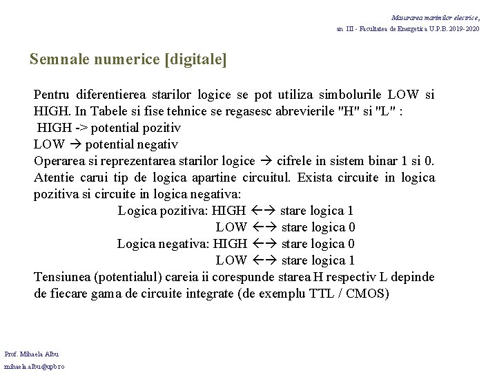 Masurarea marimilor electrice, an III - Facultatea de Energetica U. P. B. 2019 -2020