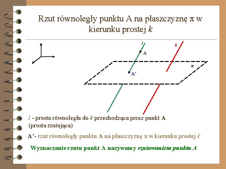 Rzut równoległy punktu A na płaszczyznę π w kierunku prostej k l k A