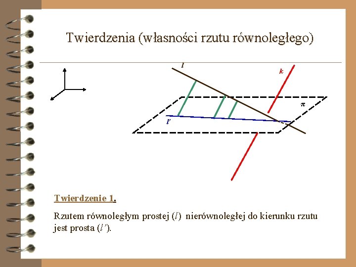 Twierdzenia (własności rzutu równoległego) l k π l’ Twierdzenie 1. Rzutem równoległym prostej (l)