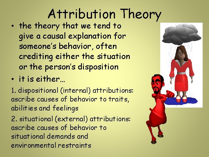 Attribution Theory • theory that we tend to give a causal explanation for someone’s