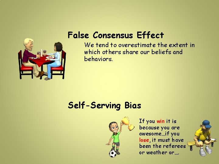 False Consensus Effect We tend to overestimate the extent in which others share our