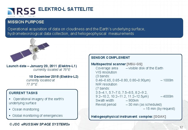 ELEKTRO-L SATTELITE MISSION PURPOSE Operational acquisition of data on cloudiness and the Earth’s underlying