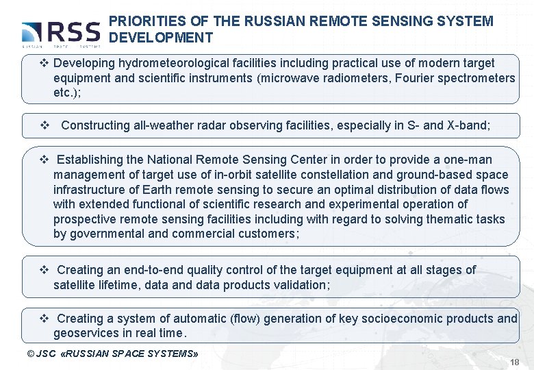 PRIORITIES OF THE RUSSIAN REMOTE SENSING SYSTEM DEVELOPMENT v Developing hydrometeorological facilities including practical