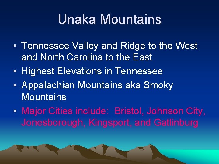 Unaka Mountains • Tennessee Valley and Ridge to the West and North Carolina to