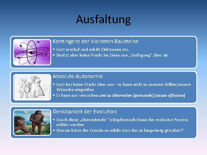 Ausfaltung Kontingenz der kleinsten Bausteine • Gott erschuf und erhält Elektronen etc. • Besitzt