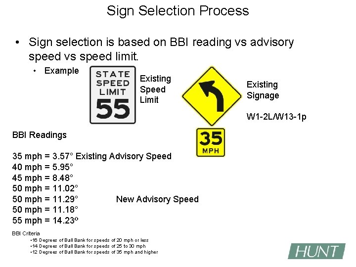 Sign Selection Process • Sign selection is based on BBI reading vs advisory speed