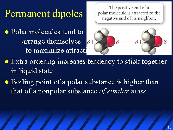 Permanent dipoles Polar molecules tend to arrange themselves +/– to maximize attractions l Extra