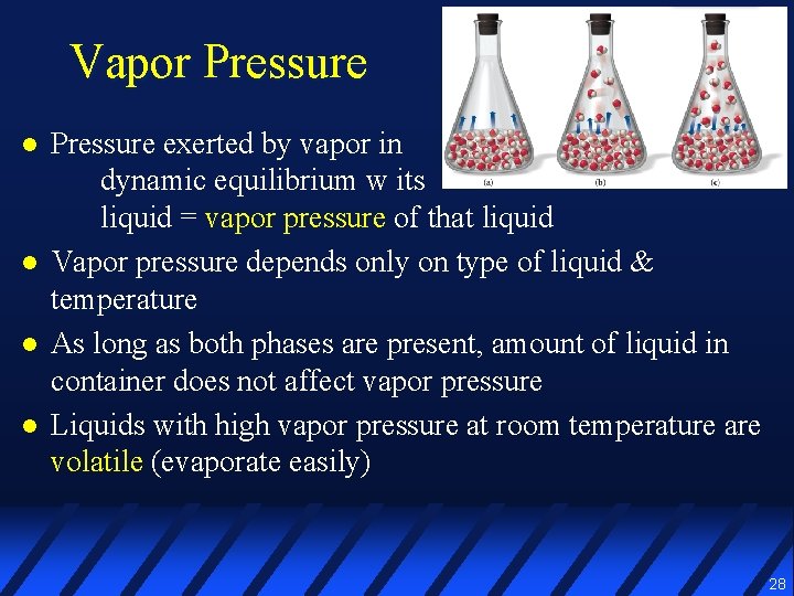 Vapor Pressure l l Pressure exerted by vapor in dynamic equilibrium w its liquid