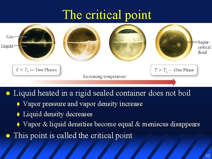 The critical point l Liquid heated in a rigid sealed container does not boil