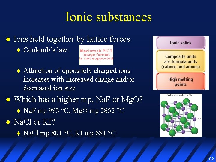 Ionic substances l l Ions held together by lattice forces t Coulomb’s law: t