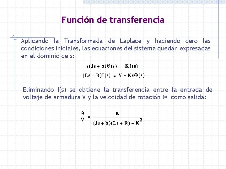 Función de transferencia Aplicando la Transformada de Laplace y haciendo cero las condiciones iniciales,