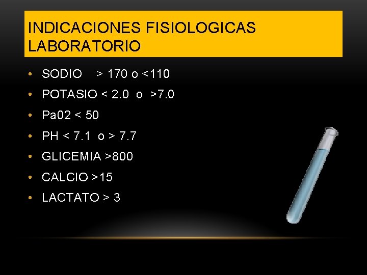 INDICACIONES FISIOLOGICAS LABORATORIO • SODIO > 170 o <110 • POTASIO < 2. 0
