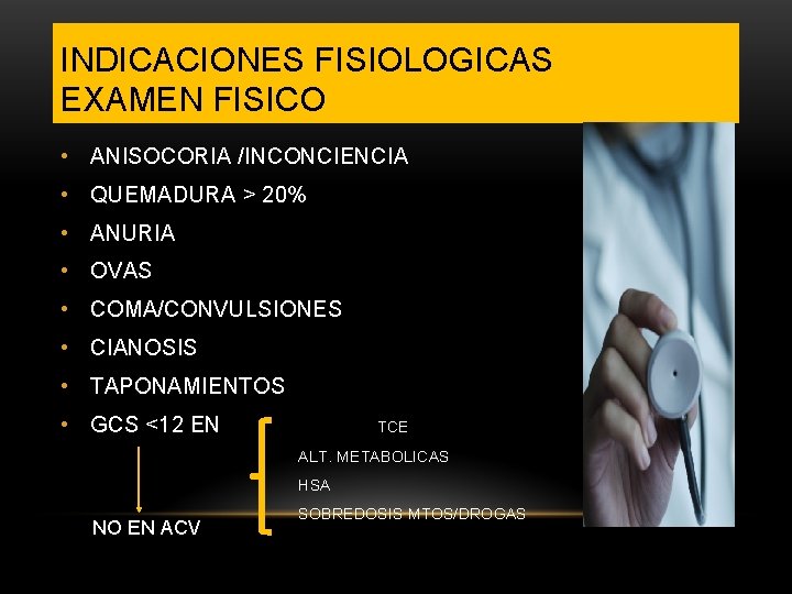 INDICACIONES FISIOLOGICAS EXAMEN FISICO • ANISOCORIA /INCONCIENCIA • QUEMADURA > 20% • ANURIA •