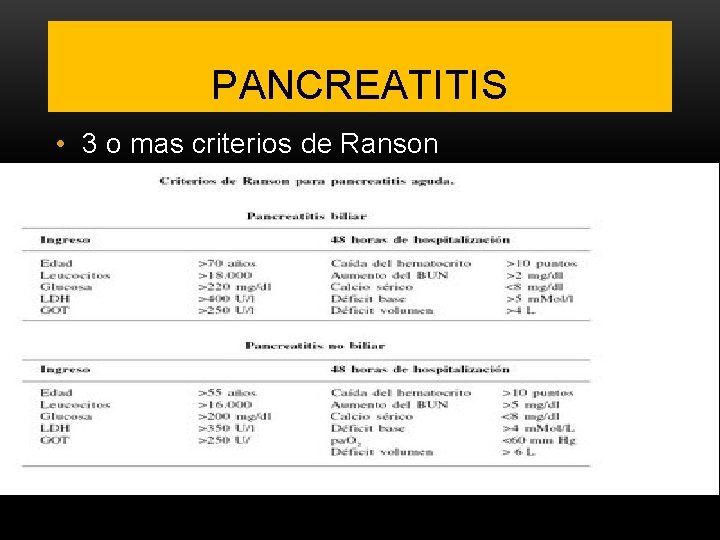 PANCREATITIS • 3 o mas criterios de Ranson 