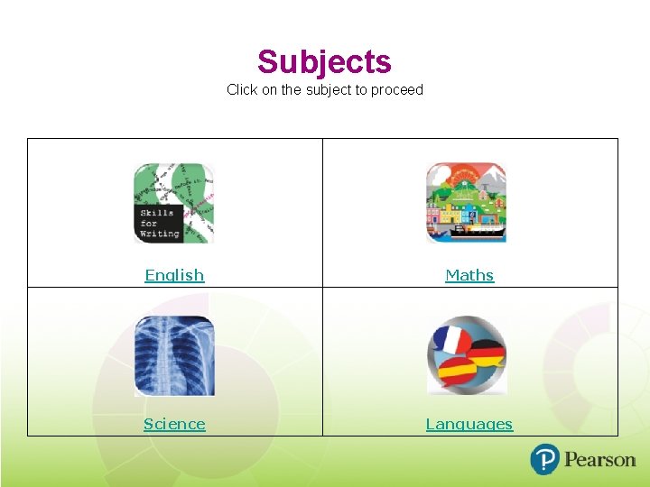 Subjects Click on the subject to proceed English Maths Science Languages 