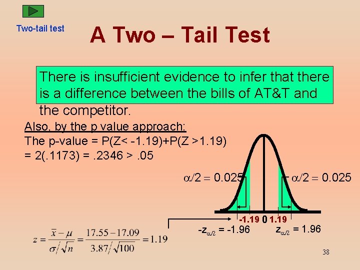 Two-tail test A Two – Tail Test There is insufficient evidence to infer that