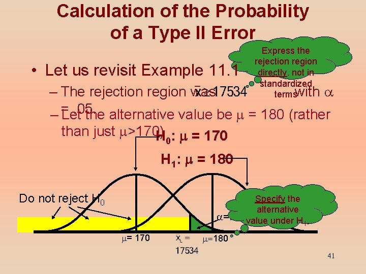 Calculation of the Probability of a Type II Error • Let us revisit Example