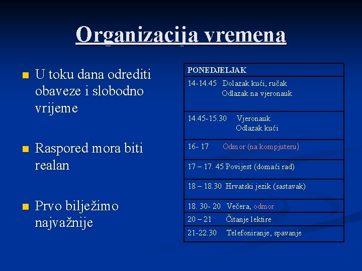 Organizacija vremena n n U toku dana odrediti obaveze i slobodno vrijeme PONEDJELJAK Raspored