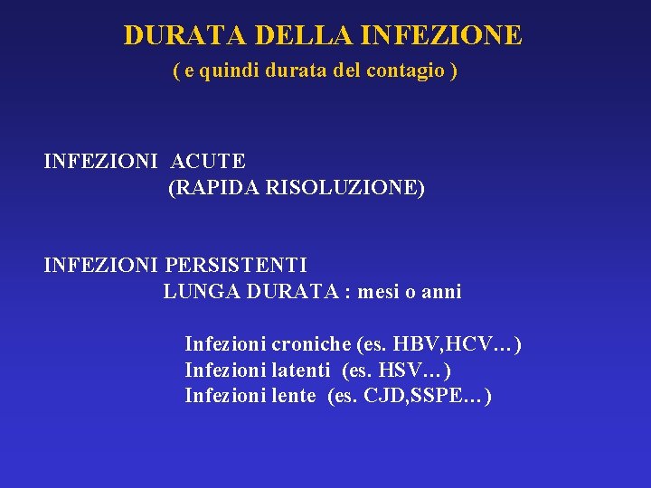 DURATA DELLA INFEZIONE ( e quindi durata del contagio ) INFEZIONI ACUTE (RAPIDA RISOLUZIONE)