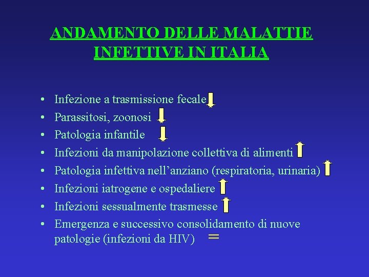 ANDAMENTO DELLE MALATTIE INFETTIVE IN ITALIA • • Infezione a trasmissione fecale Parassitosi, zoonosi