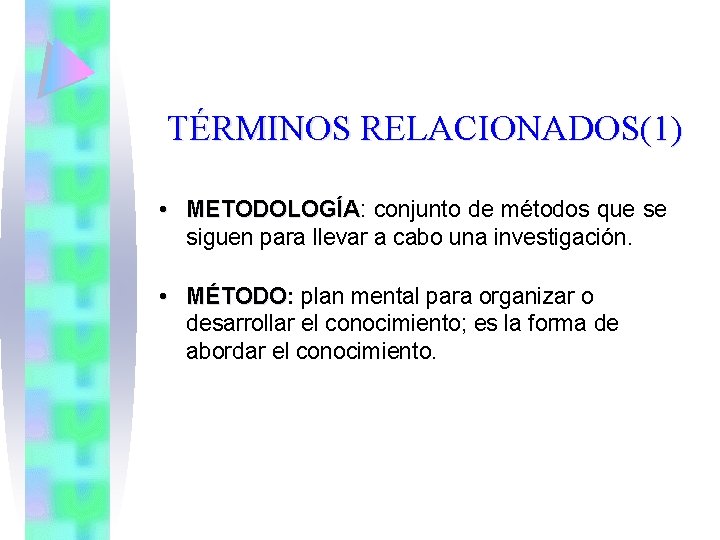 TÉRMINOS RELACIONADOS(1) • METODOLOGÍA: METODOLOGÍA conjunto de métodos que se siguen para llevar a