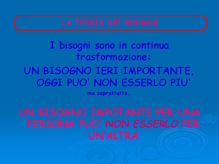 LA TEORIA DEI BISOGNI I bisogni sono in continua trasformazione: UN BISOGNO IERI IMPORTANTE,