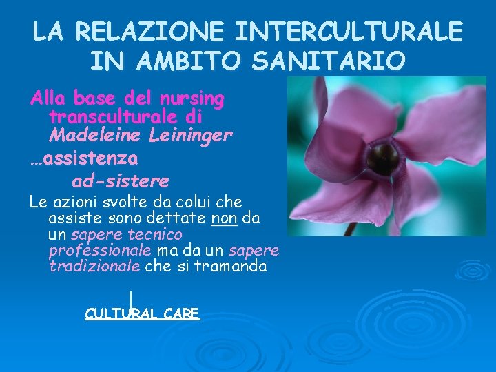 LA RELAZIONE INTERCULTURALE IN AMBITO SANITARIO Alla base del nursing transculturale di Madeleine Leininger