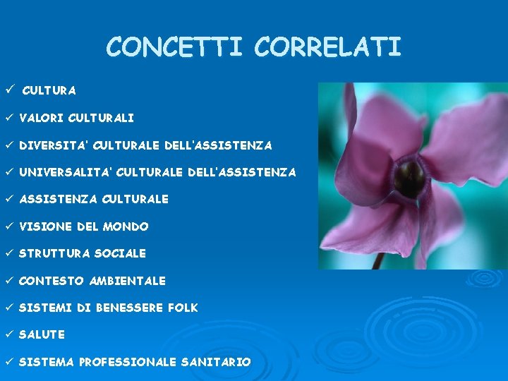 CONCETTI CORRELATI ü CULTURA ü VALORI CULTURALI ü DIVERSITA’ CULTURALE DELL’ASSISTENZA ü UNIVERSALITA’ CULTURALE