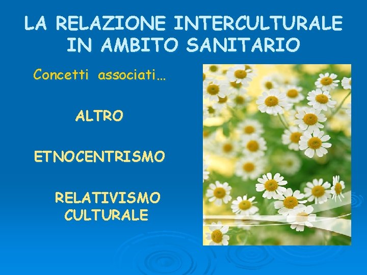 LA RELAZIONE INTERCULTURALE IN AMBITO SANITARIO Concetti associati… ALTRO ETNOCENTRISMO RELATIVISMO CULTURALE 
