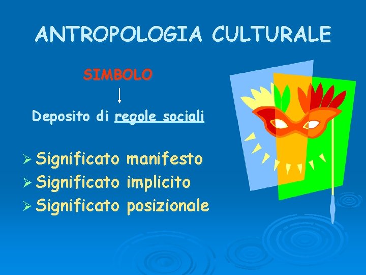 ANTROPOLOGIA CULTURALE SIMBOLO Deposito di regole sociali Ø Significato manifesto Ø Significato implicito Ø