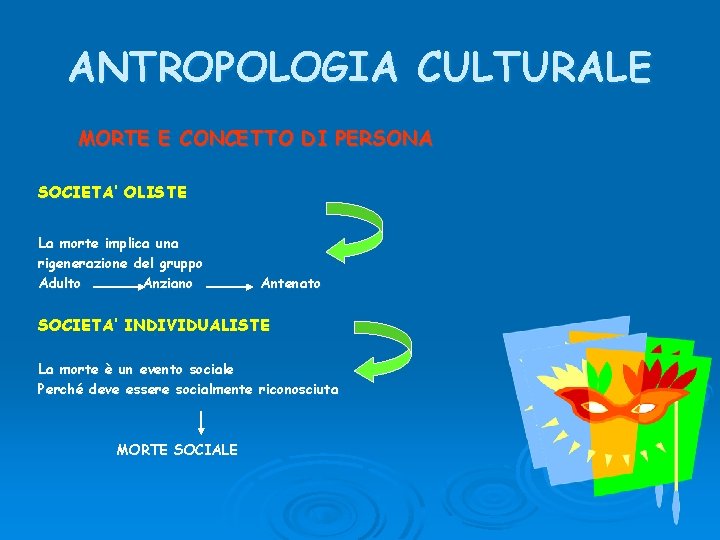 ANTROPOLOGIA CULTURALE MORTE E CONCETTO DI PERSONA SOCIETA’ OLISTE La morte implica una rigenerazione