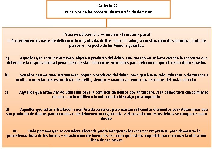 Artículo 22. Principios de los procesos de extinción de dominio: I. Será jurisdiccional y