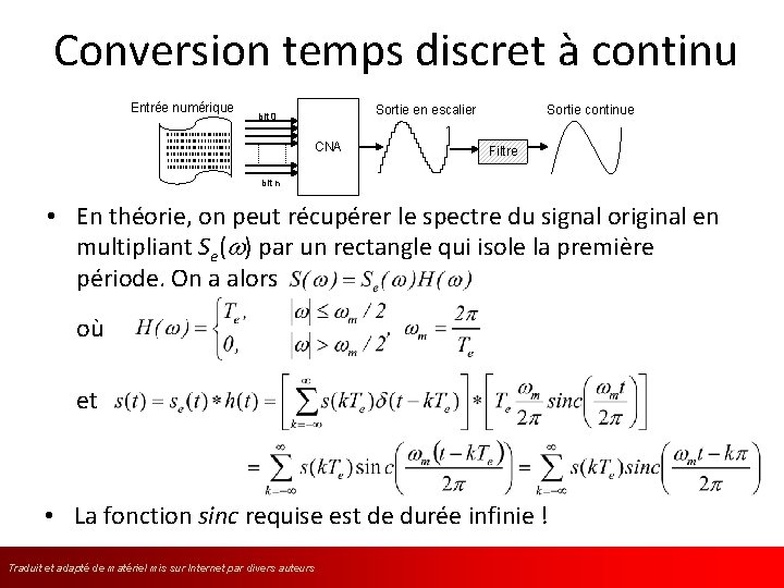 Conversion temps discret à continu Entrée numérique Sortie en escalier bit 0 01101001010100101 10101011111100101