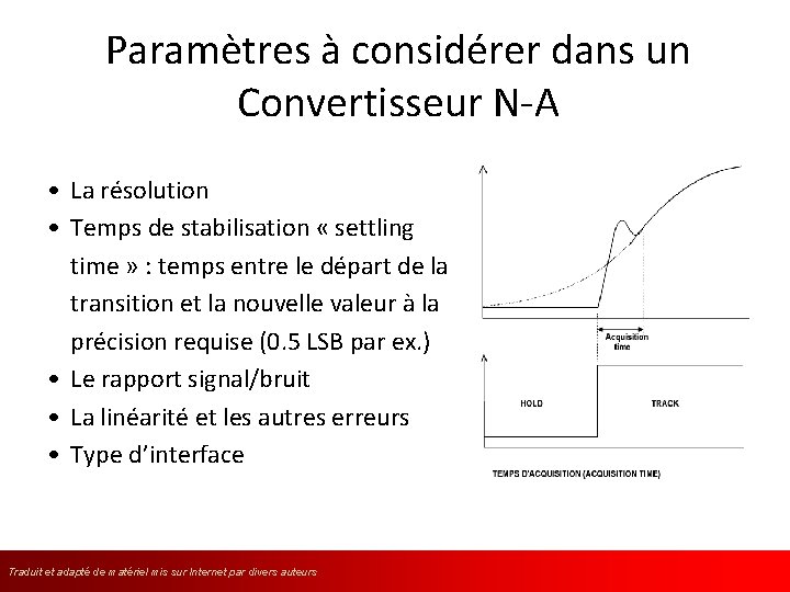 Paramètres à considérer dans un Convertisseur N-A • La résolution • Temps de stabilisation