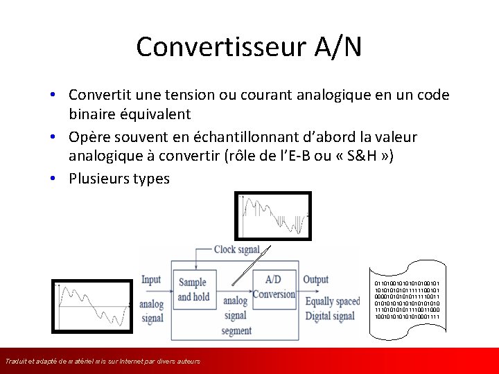 Convertisseur A/N • Convertit une tension ou courant analogique en un code binaire équivalent