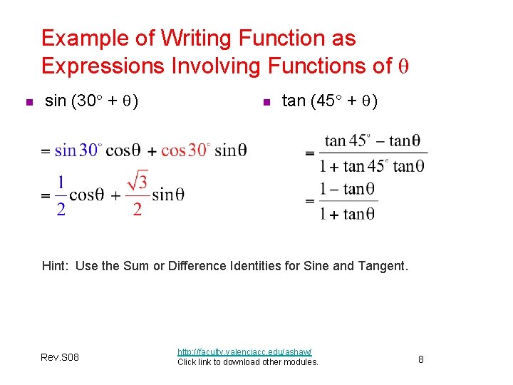 Example of Writing Function as Expressions Involving Functions of θ n sin (30° +