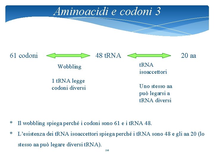 Aminoacidi e codoni 3 61 codoni 48 t. RNA 20 aa t. RNA isoaccettori