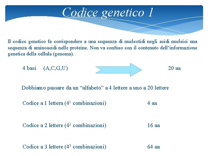 Codice genetico 1 Il codice genetico fa corrispondere a una sequenza di nucleotidi negli