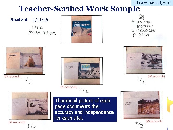 Educator’s Manual, p. 37 Teacher-Scribed Work Sample Student 1/11/18 Thumbnail picture of each page