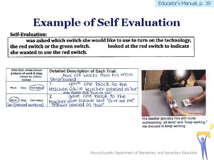 Educator’s Manual, p. 39 Example of Self Evaluation 19 Massachusetts Department of Elementary and